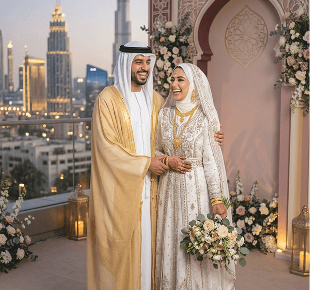 Emirati couple looking at UAE skyline